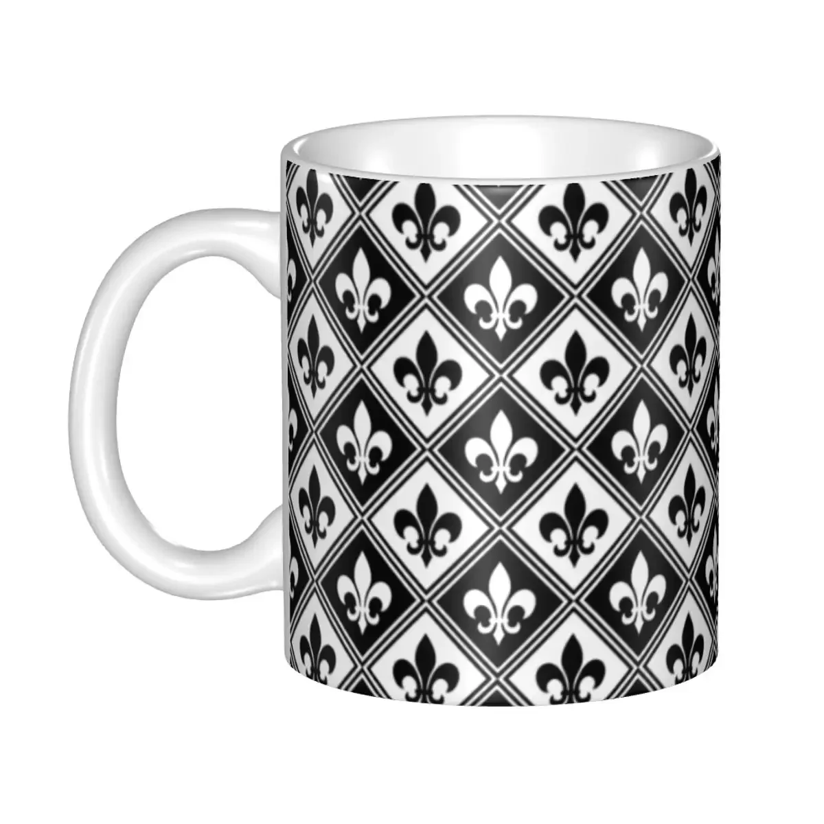 Black Fleur De Lis And Diamond Pattern Coffee Mug DIY Custom Fleur-De-Lys Lily Floral Ceramic Mug Cup Creative Gift