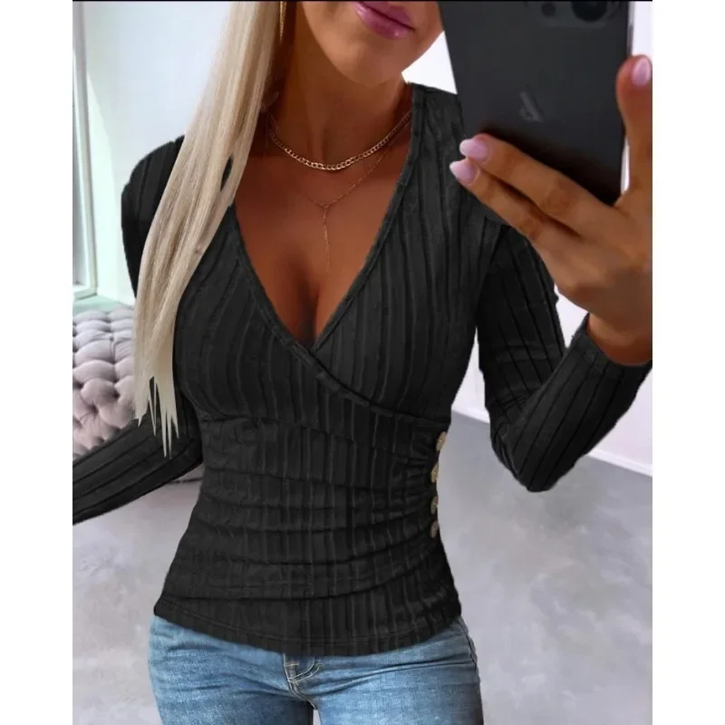 Autumn Commuter Women\'S-2XL sizes Knitwear Simple Solid Color Long Sleeved Fashion V-neck Knitwear Casual Knitwear Top