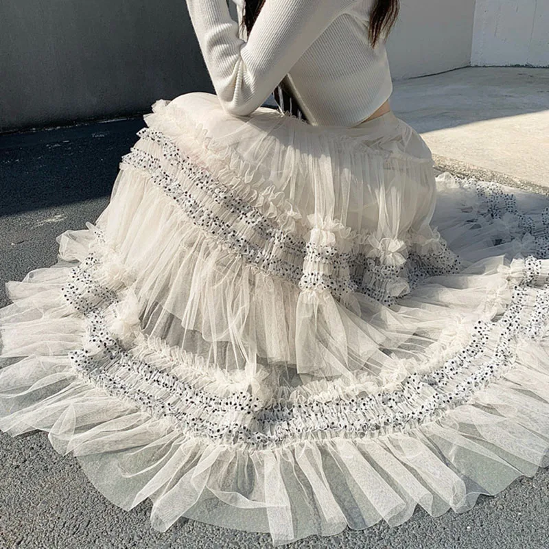 Fashion Princess Sheer Ruffles Long Skirt Women Spring Summe Patchwork Ball Gown Tulle Skirts Heavy Hollow Out Puffy Cake Skirts
