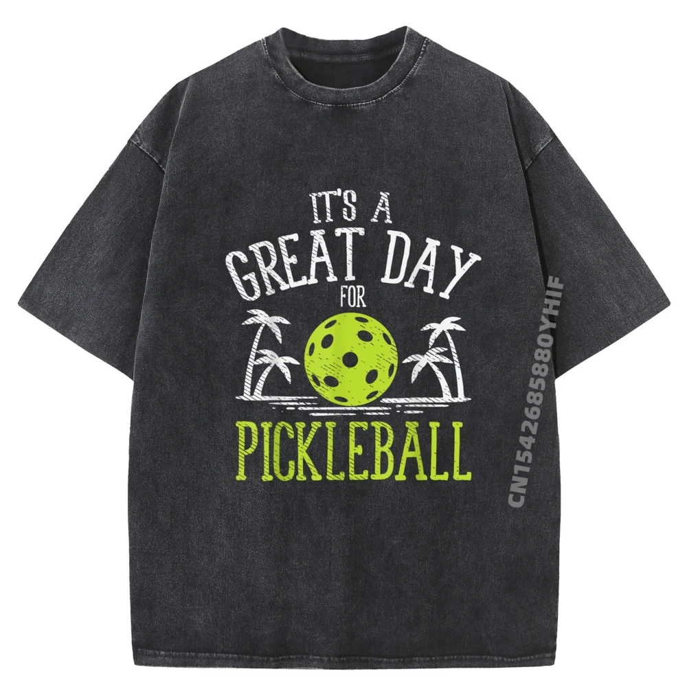 

Great Day Pickleball Palm Trees Pickle Ball Beach Sport Streetwear Men Outdoor Washed Short Sleeve Tee