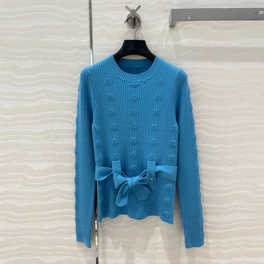 2025 New Spring Fashion Pullover Women Knitting Sweater Floral Crochet Pattern O-neck Long Sleeve Slim Belt Cute Knitwear