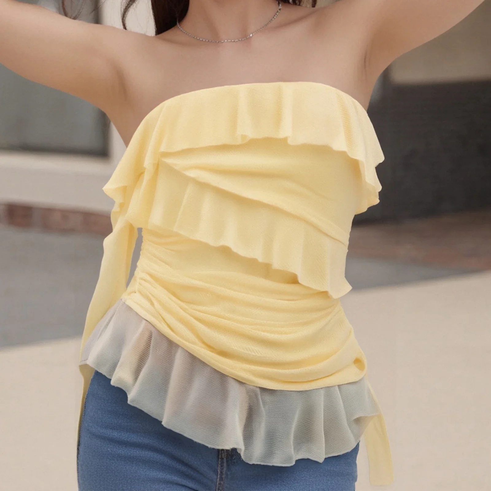 Summer Sexy Sleeveless Slim Cropped Top Tube Tops Women's Ruffle Trim Off Shoulder Strapless Vest Solid Color Bandeau Tops
