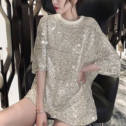 Fashion Sequin Embroidery Top Women T-shirts Dress Three-quarter Sleeve Loose Plus Size Solid Color T Shirt Clothing