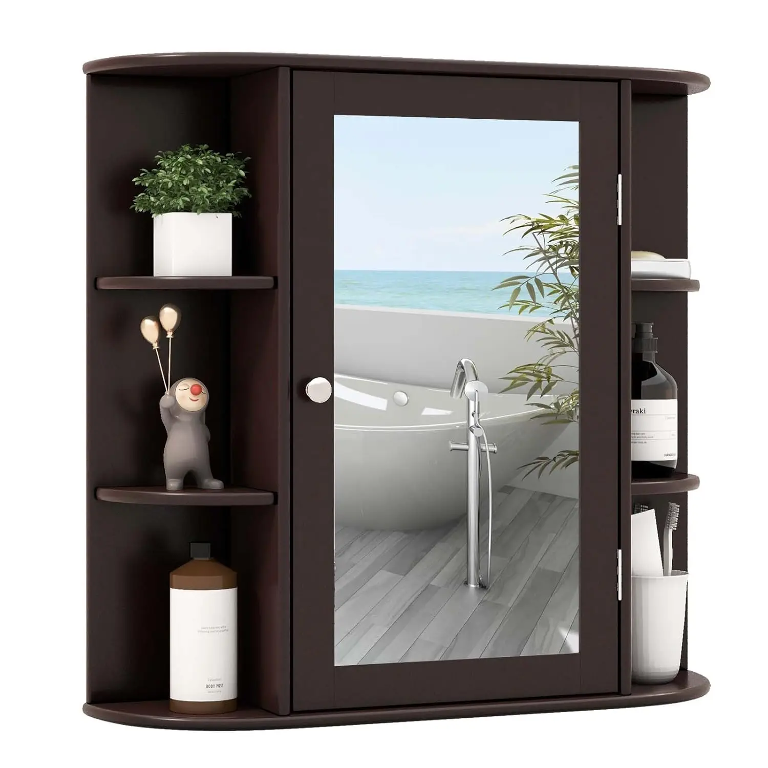 

Mirrored Bathroom Wall Cabinet w/Door 6 Open Shelves & 4 Enclosed Storage Tiers Over Toilet Organizer Mount, Brown, Customized