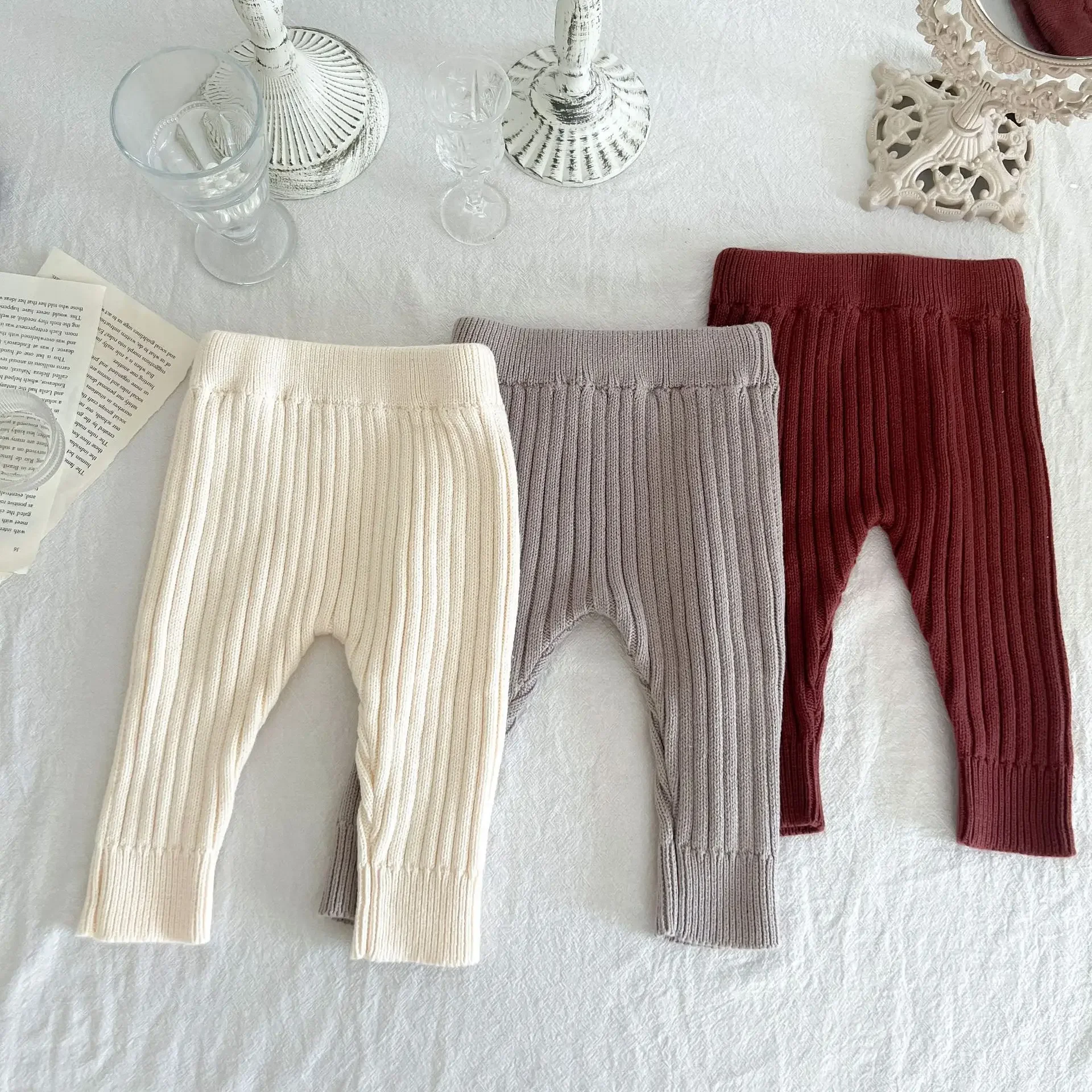 Autumn Baby Knitted Pants Children's Clothing Male and Female Baby Cotton Yarn and Wool Woven Elastic Leggings Large PP Pants