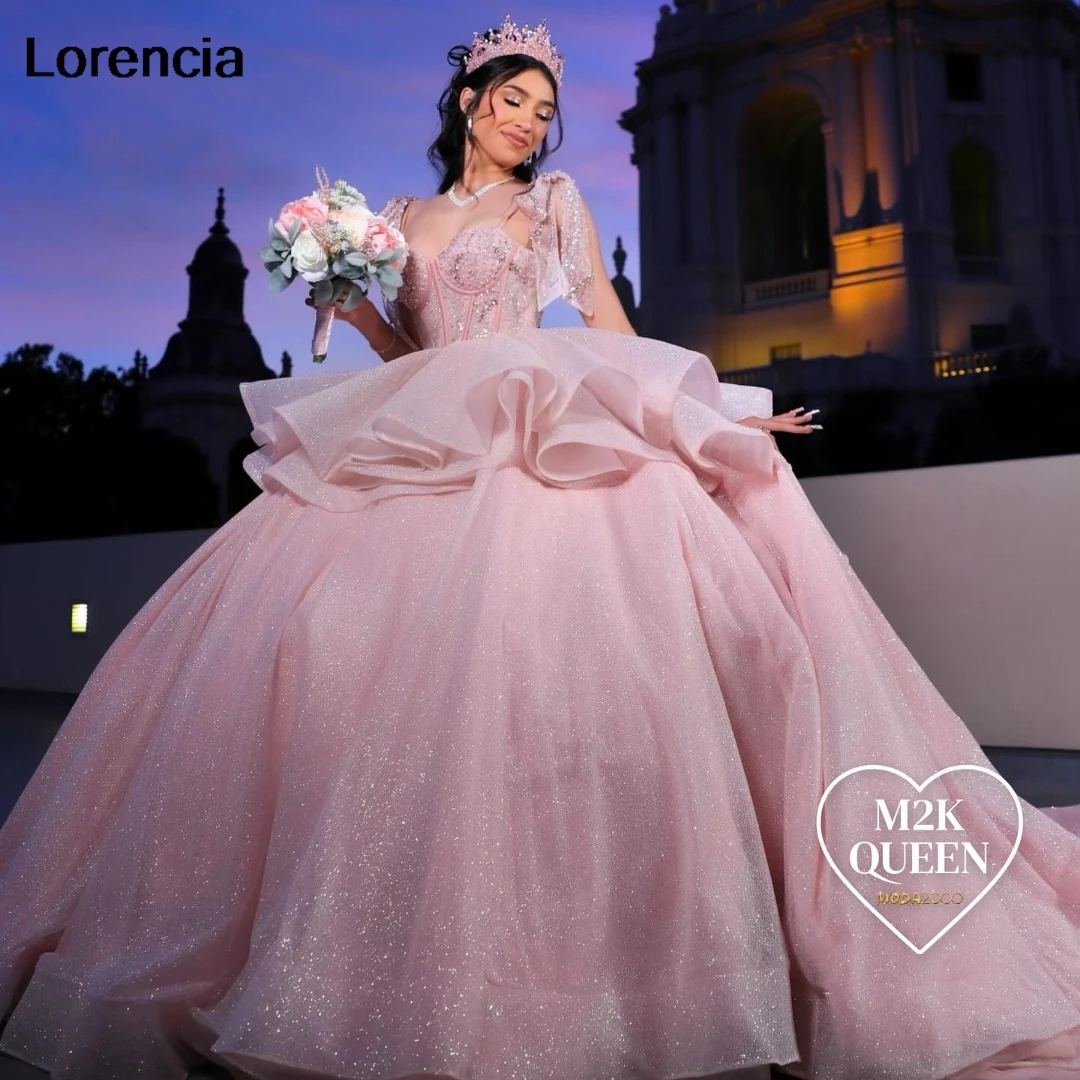 

Lorencia Princess Pink Quinceanera Dress Ball Gown Lace Applique Beads Mexican Tiered Corset Sweet 16 Vestidos De 15 Años YQD877