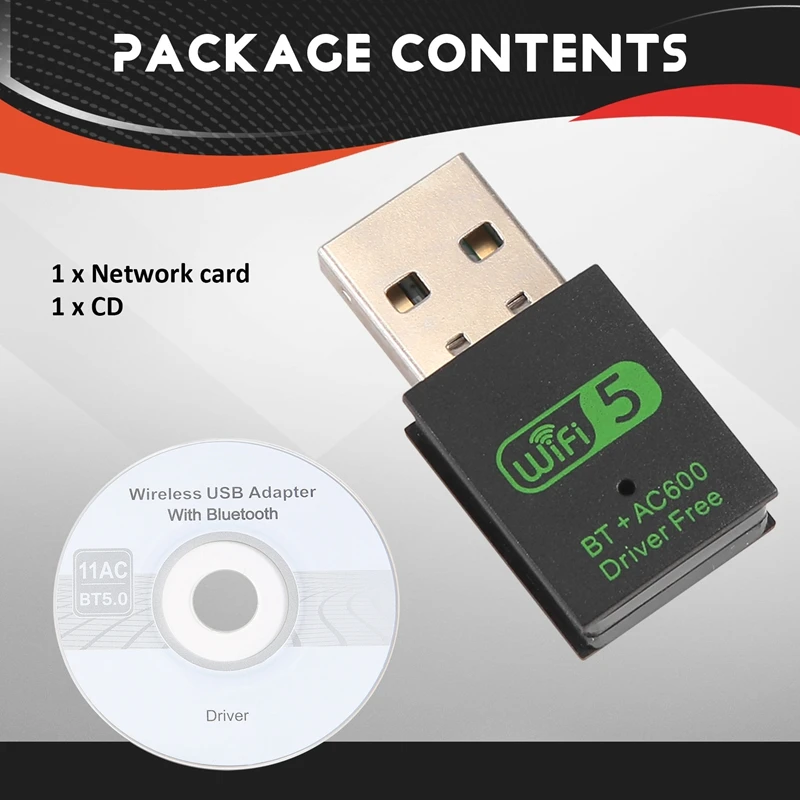 USB 와이파이 블루투스 어댑터, 600Mbps 듀얼 밴드 무선 네트워크 외부 리시버, PC 노트북 데스크탑용 와이파이 동글