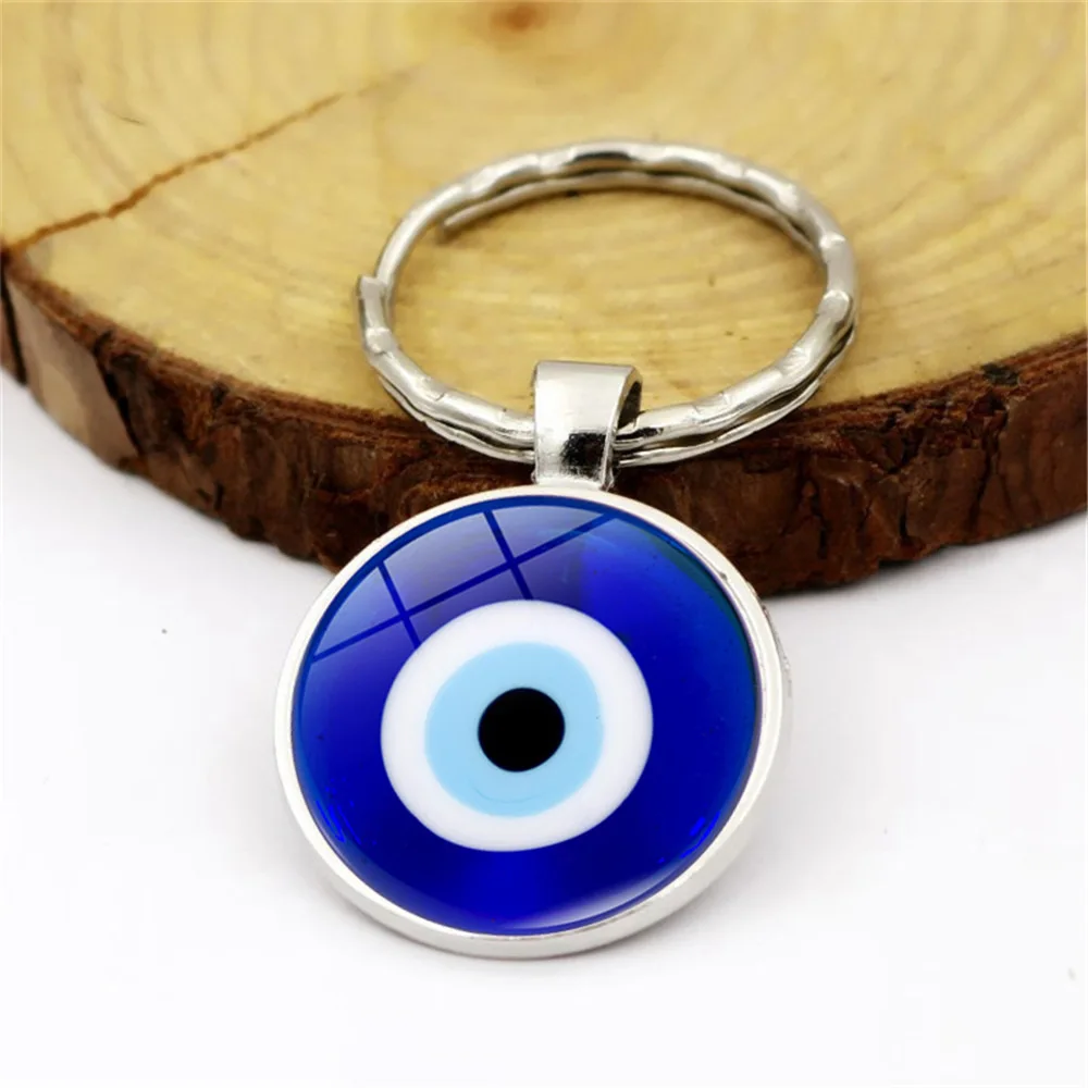 Beautiful Blue Evil Eye Religious Photo Round Glass Keychain Pendant Keyring Eyelash Big Evil Women Men  Jewelry Gift