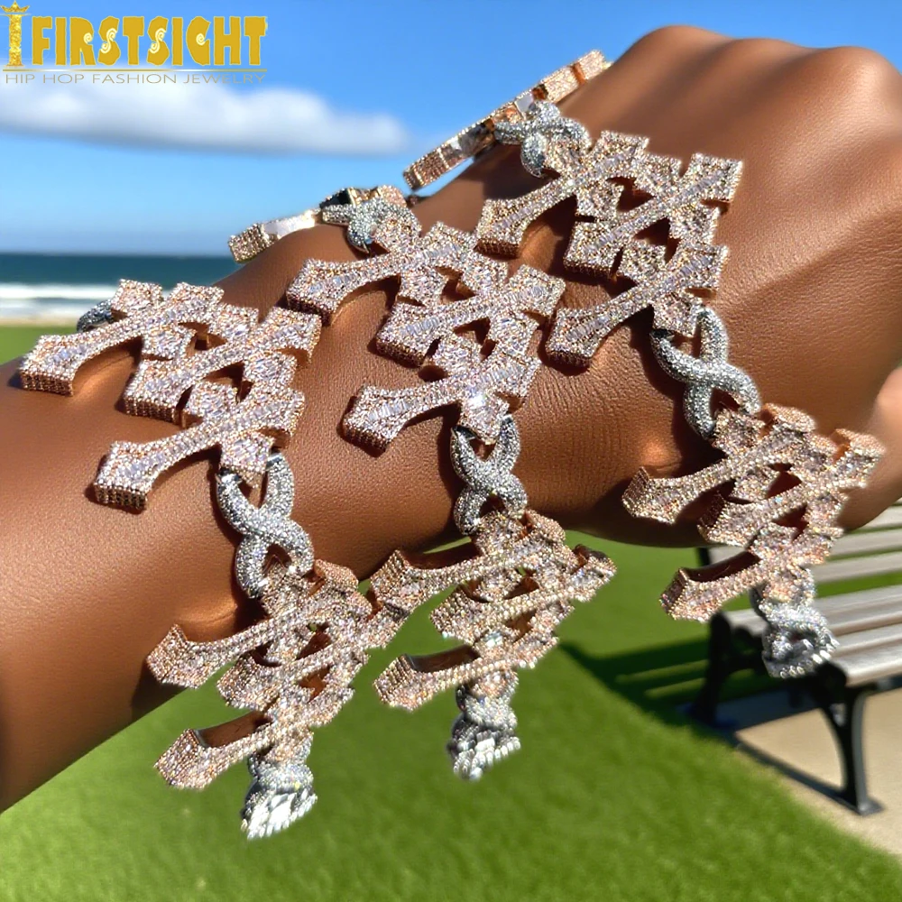 

Iced Out Three Cross Infinity Chain Big Charm Bracelet Two Tone Rose Gold Color Cubic Zirconia For Women Men Hip Hop Jewelry