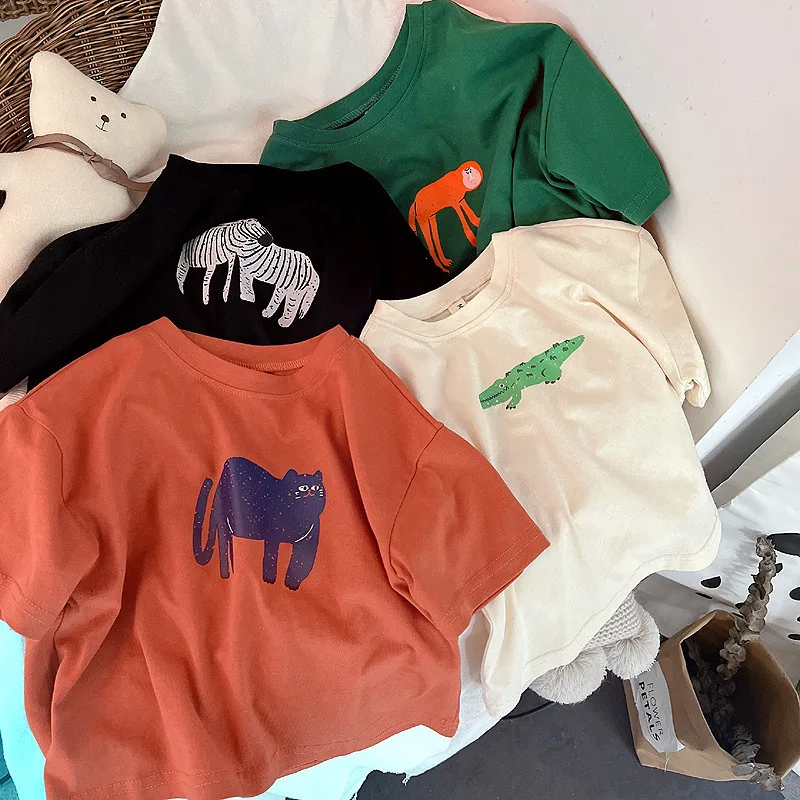 2025 Summer New Children Short Sleeve Cartoon Print T Shirts Boys Girls Loose Cotton Tops Baby Thin Versatile Tee Kids Clothes
