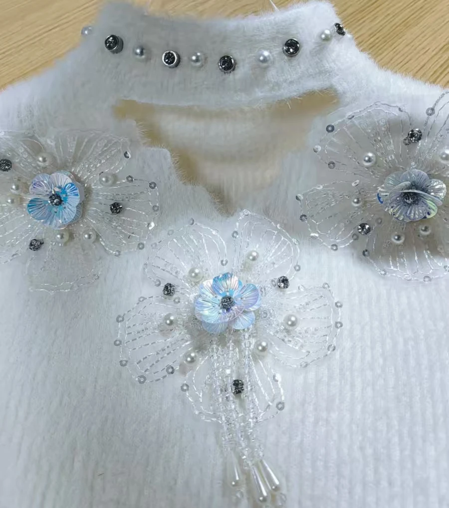 RapBeading-Pull en fourrure de vison avec pompon fleur 3D, coupe couvertes, pulls assortis, col mi-haut, pulls en tricot doux et chaud, nouveau