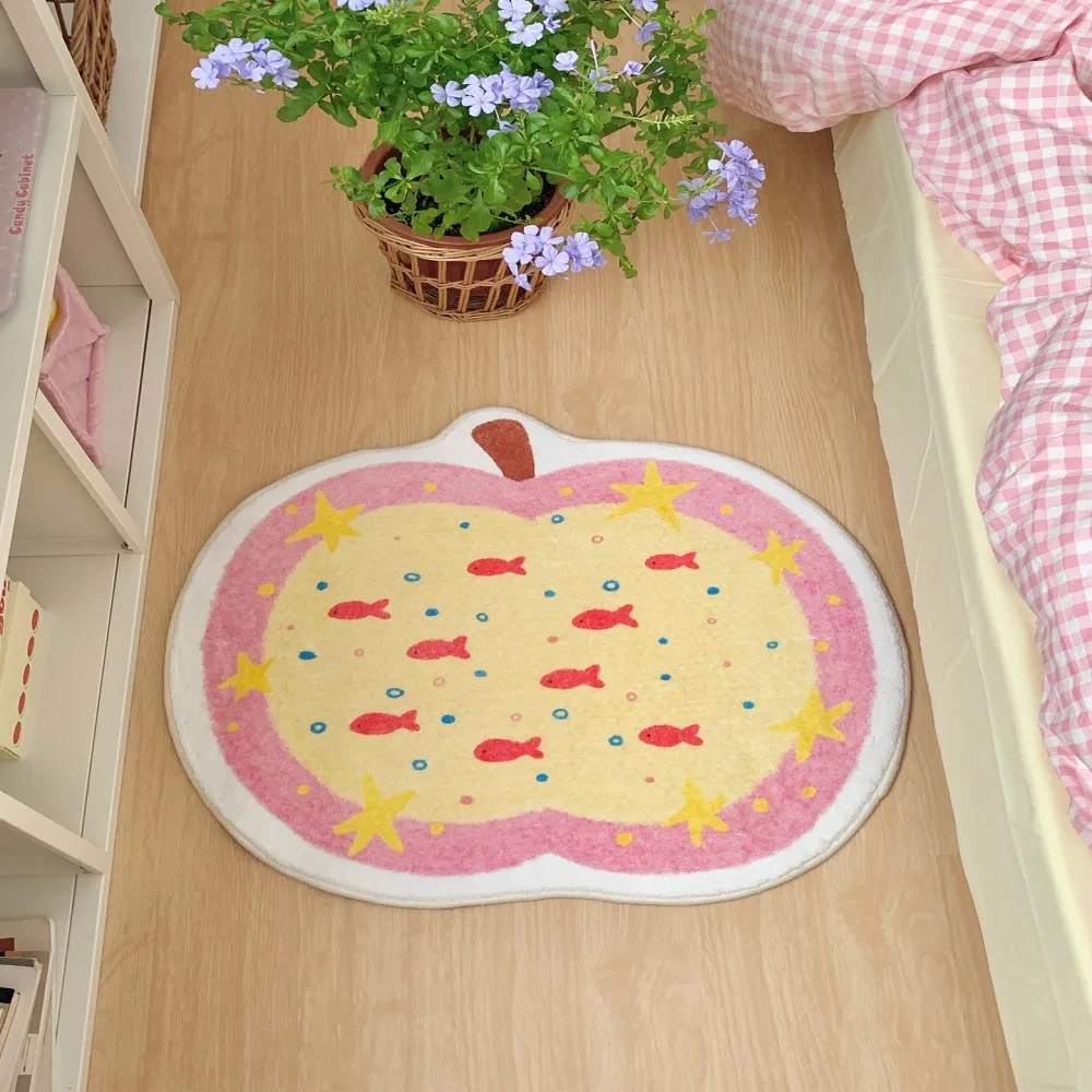 VIKAMA Apple Shape Cartoon Carpet Bedroom Soft Ins Style Stars Small Fish Pattern Floor Mat Colourful Home Decoration