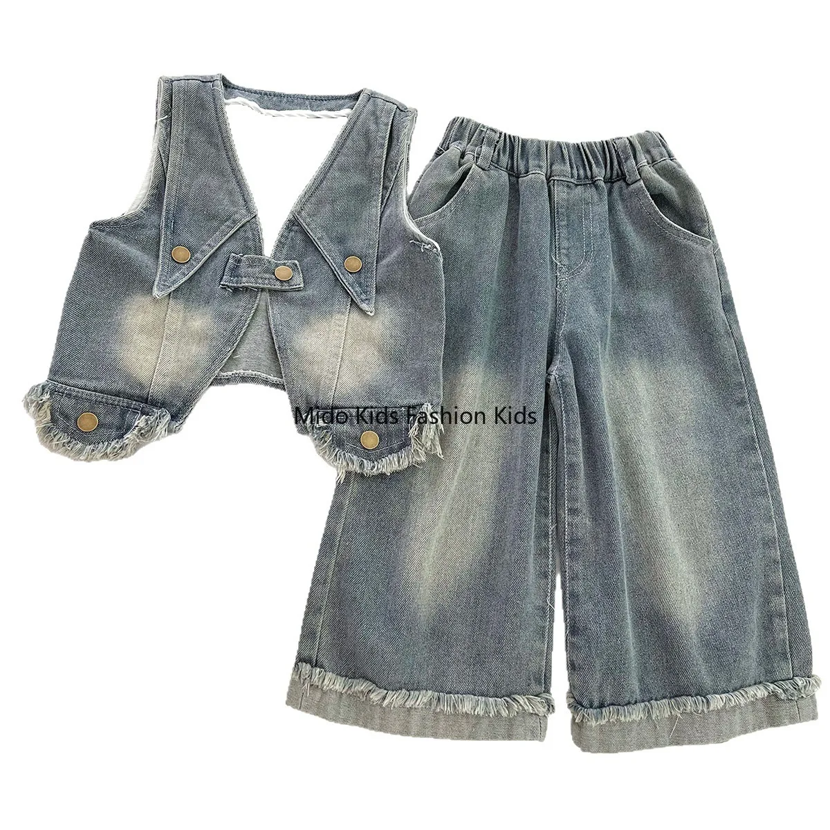 جديد الفتيات الدنيم صدرية قميص بنطلون ثلاث قطع مجموعة الدانتيل طوق بأكمام طويلة بيبلوم واسعة أرجل بنطلون