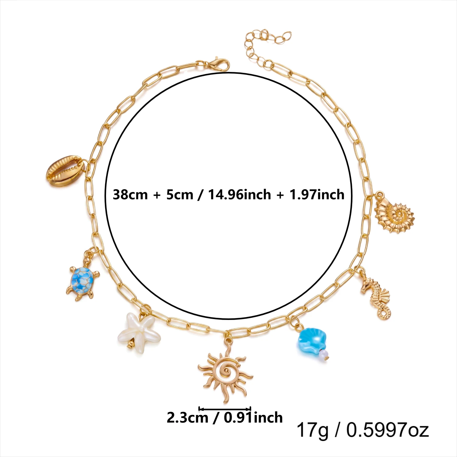 Klassische Seestern-Kokospalmen-Muschel-Sonnen-Anhänger-Halskette für Frauen Boho Goldfarben-Kette Choker Trendiger Sommer-Strandschmuck – Detail 6