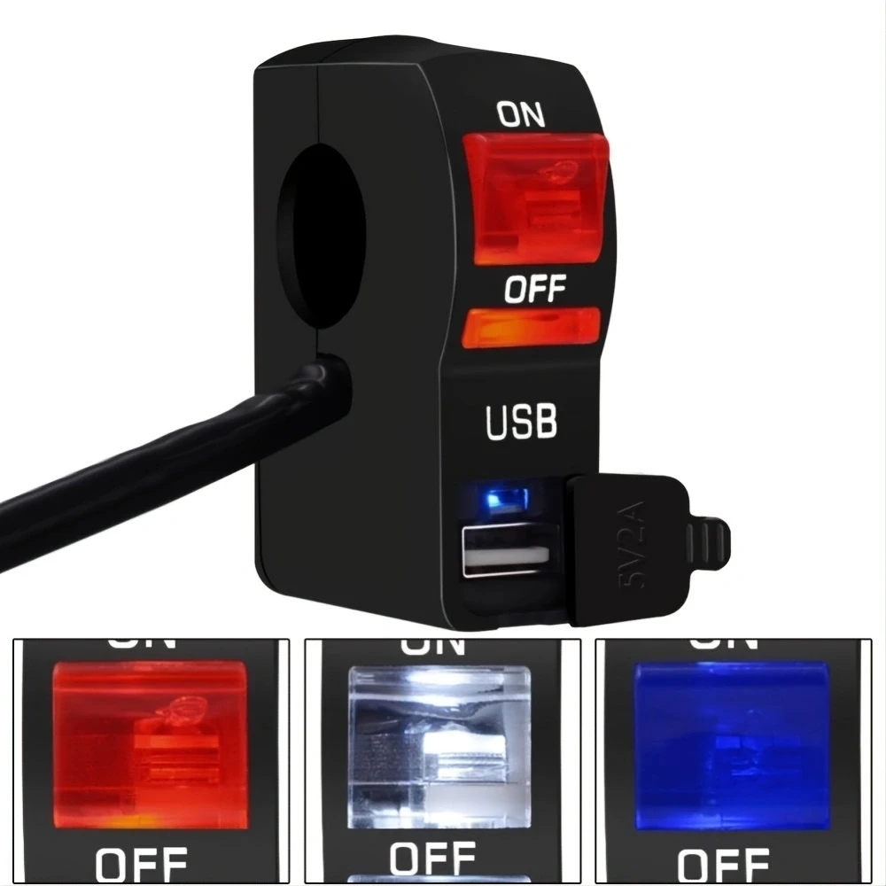 12V 4 Wire Connectors Motorcycle Scooter Modified Handlebar Headlight Switch LED Light With USB  Phone Charger 22MM