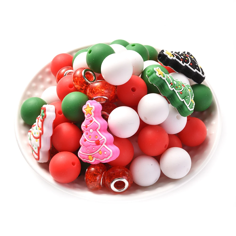 Fashion Christmas tree Silicone Beads Round 15mm Loose Beads Set Keychain Bracelet DIY Handmade Accessories For Jewelry Making