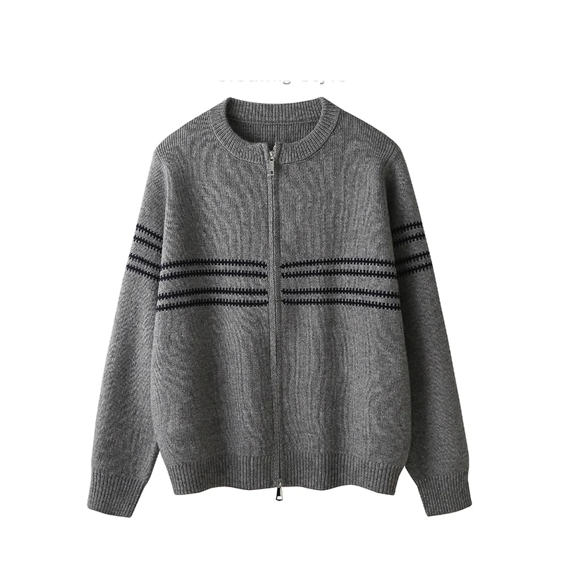 

Autumn Winter New Casual Striped Knit Cardigan Women Double Zipper Casual Loose Faionable Versatile Commute Sweater