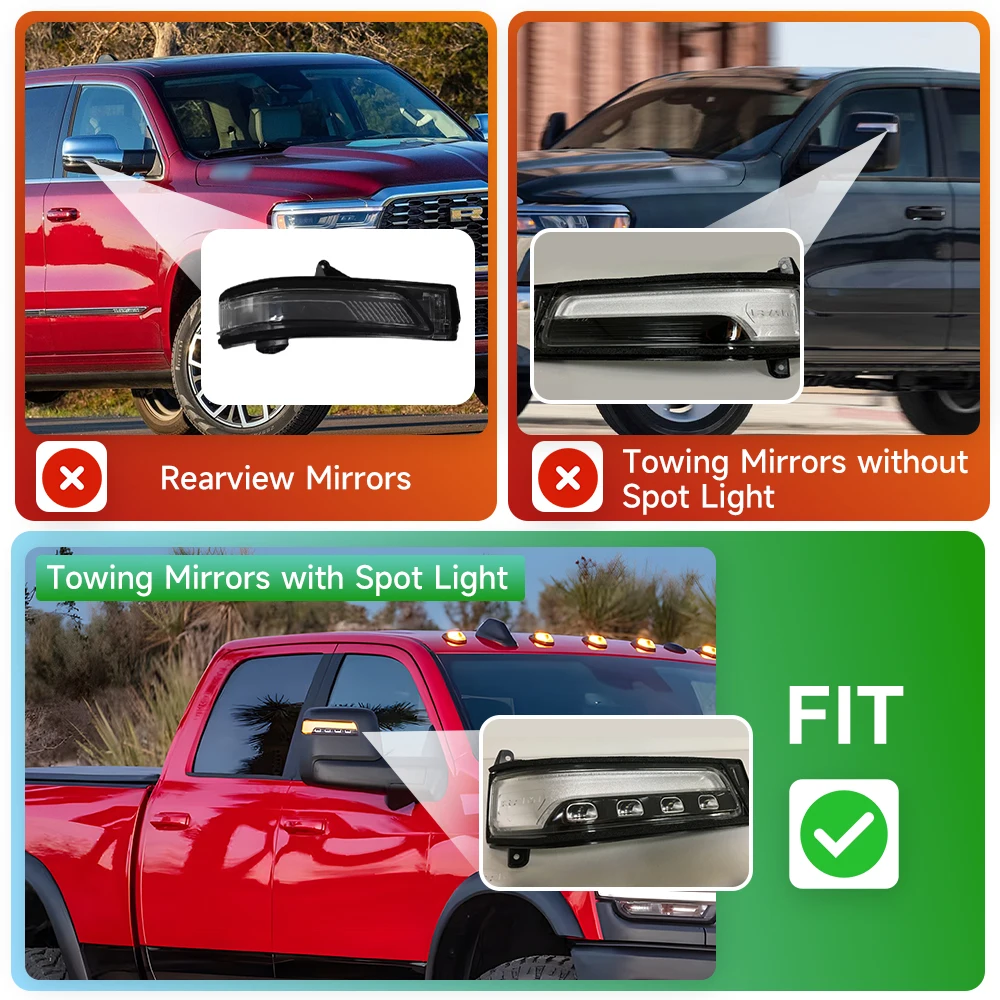 For 2023+ RAM 2500 3500 2025 2026 RAM 1500 Sequential LED Tow Mirror Turn Signal Marker Light White Running Parking & Spotlight