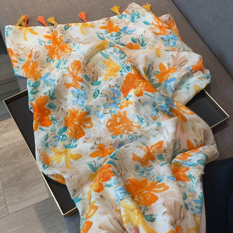 

2023New Fashionable Cotton and Linen Tassel Scarf Women, Thin Country Style Floral Beach Shawl, Summer Shawl