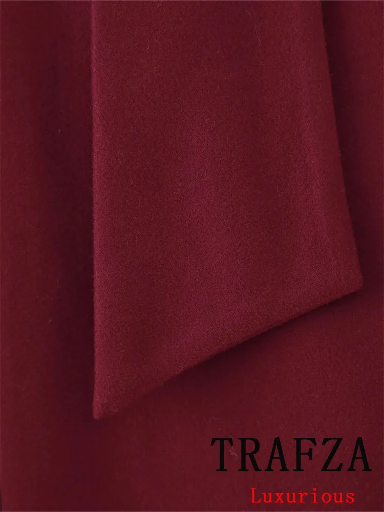 TRAFZA Casual Vintage Chic Women Overcoat Red Solid V-Neck Pockets Single Breasted Scarf Coat Fashion 2024 Autumn Winter Coat