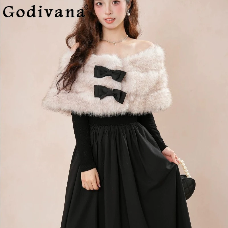 

Роскошное платье с бантом в стиле Хепберн, плюшевая шаль, комплект из двух предметов, женское кружевное платье высокого класса в стиле Лолиты, женские японские наряды