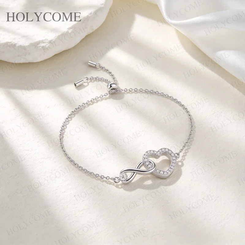 S925 Silber Herz-Armband Nischendesign Leichter Luxus mit Moissanit-Einlage Eleganter Damen-Handschmuck für Hochzeit und Party – Detail 9