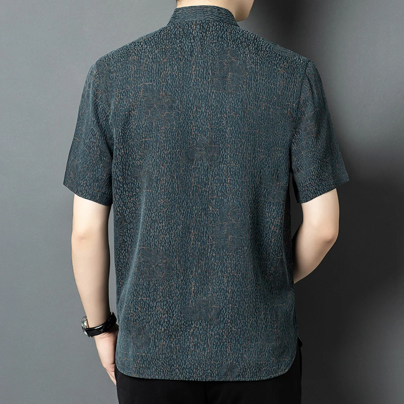 National Style Real Silk 100% Shirts For Men Short Sleeve Casual Summer Quality Lightweigt Tang Costume Luxury Camisas De Hombre
