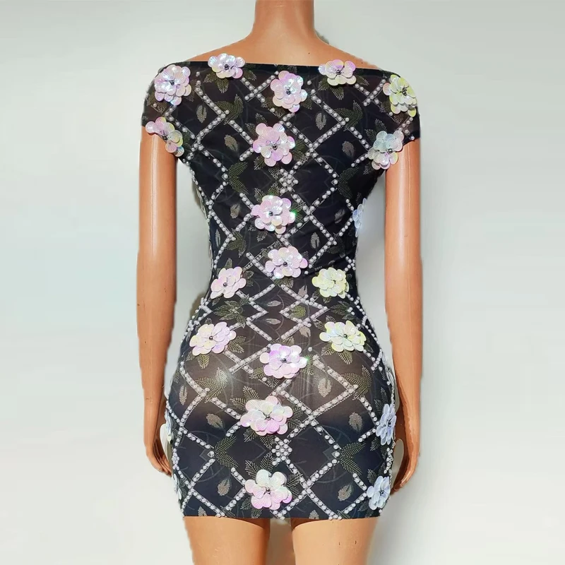 Vrouwen Stage Catwalk Jurk Pailletten Bloem Feestjurken Zanger Jazzdans Kostuum Festival Outfit Bar Nachtclub Kleding XS10536