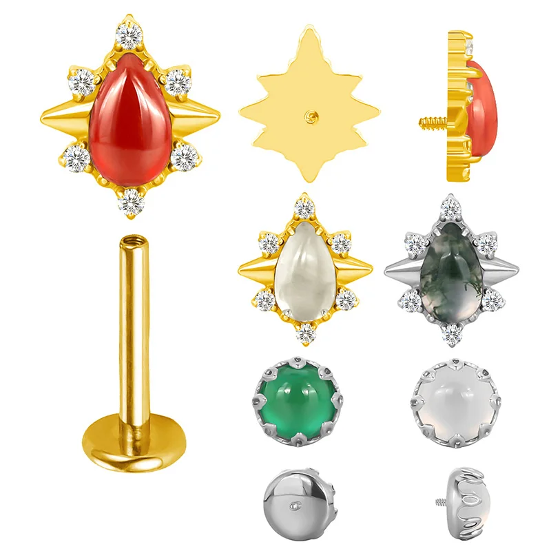 ASTM F136 Titan Ohr- und Lippenpiercings mit Natursteinbesatz, Gewindelabret-Stud, Tragus-Ohrringe, PIERC Körperschmuck