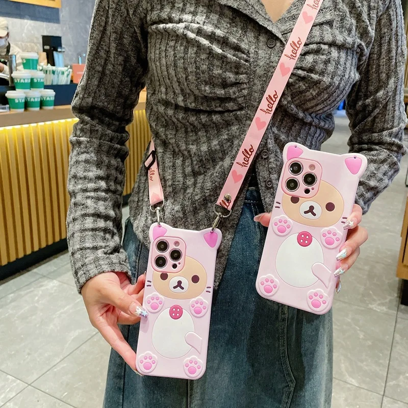 3D Cute Rilakkuma Bear For Samsung Galaxy S26 S25 S24 S23 S22 S21 S20 Plus Ultra FE S8 S9 S10 Crossbody Rope Lanyard Phone Case view 5