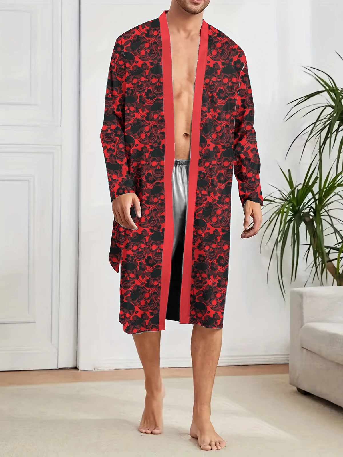Men's sleeping robe with digital printed skull pattern,comfortable and casual Long Nightgown with quick drying,thin for home use