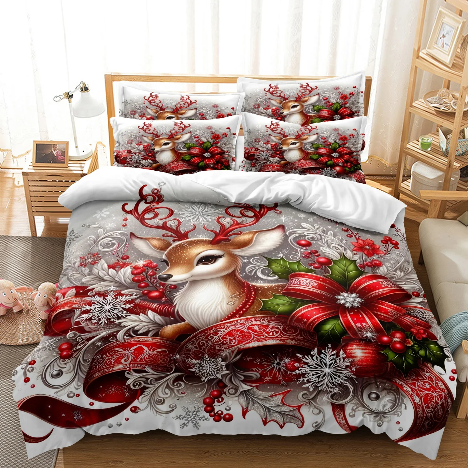 3Pcs Xmas Reindeer Bedding Set, Christmas Deer Snowflake Red Bow Print Duvet Cover, Soft Microfiber Holiday Bed Linens