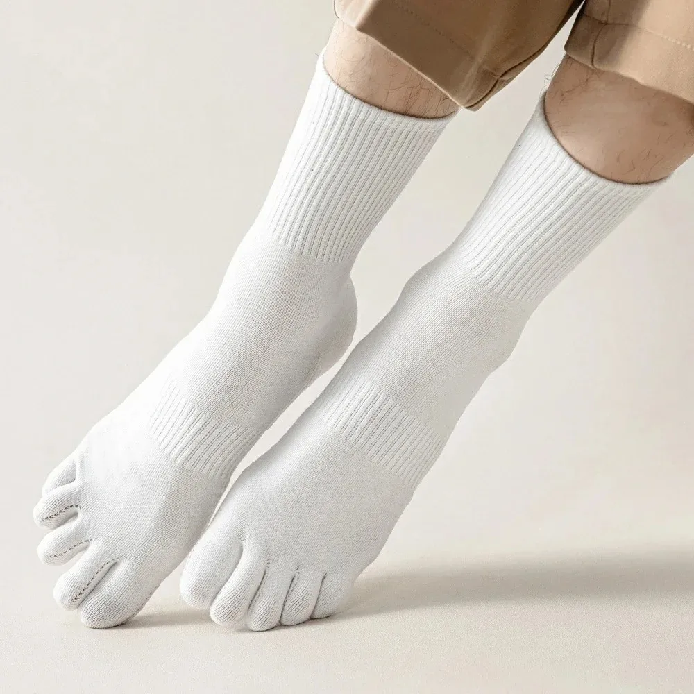 1 Pair Mid Crew Five Finger Socks Breathable Moisture Wicking Toe Socks Solid Color Odor Control Athletic Socks