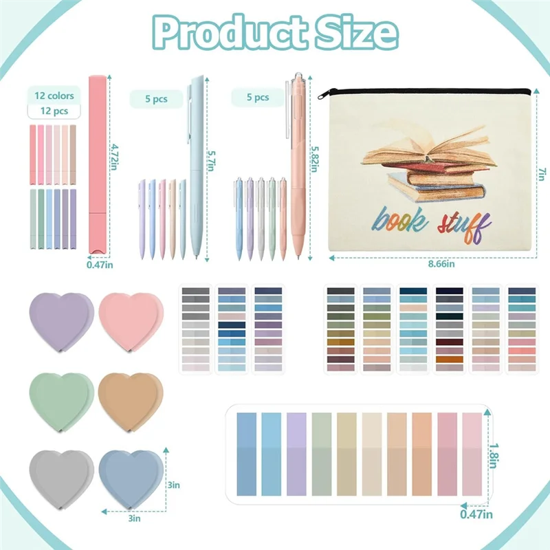 ~【A48T HOT】Annotation Set, Pencil Case Pouch, 300 Clear Sticky Notes, 2640 Sticky Labels, 11 Gel Ink Pens, 12 Highlight Markers