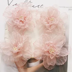 5PCS/Lot Pink Organza Blossoms Flower Appliques Sewing For Headband Rose Fabric Flowers For Hairpin Earrings Accessories