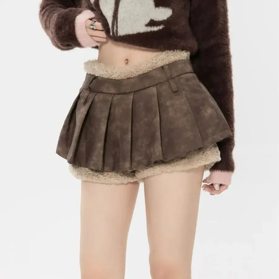 New Y2k Skirt Harajuku Kawaii Retro Furry Mini Skirt Pants Women High Waist A Line Skirts Casual Fashion Slim Pleated Skirt