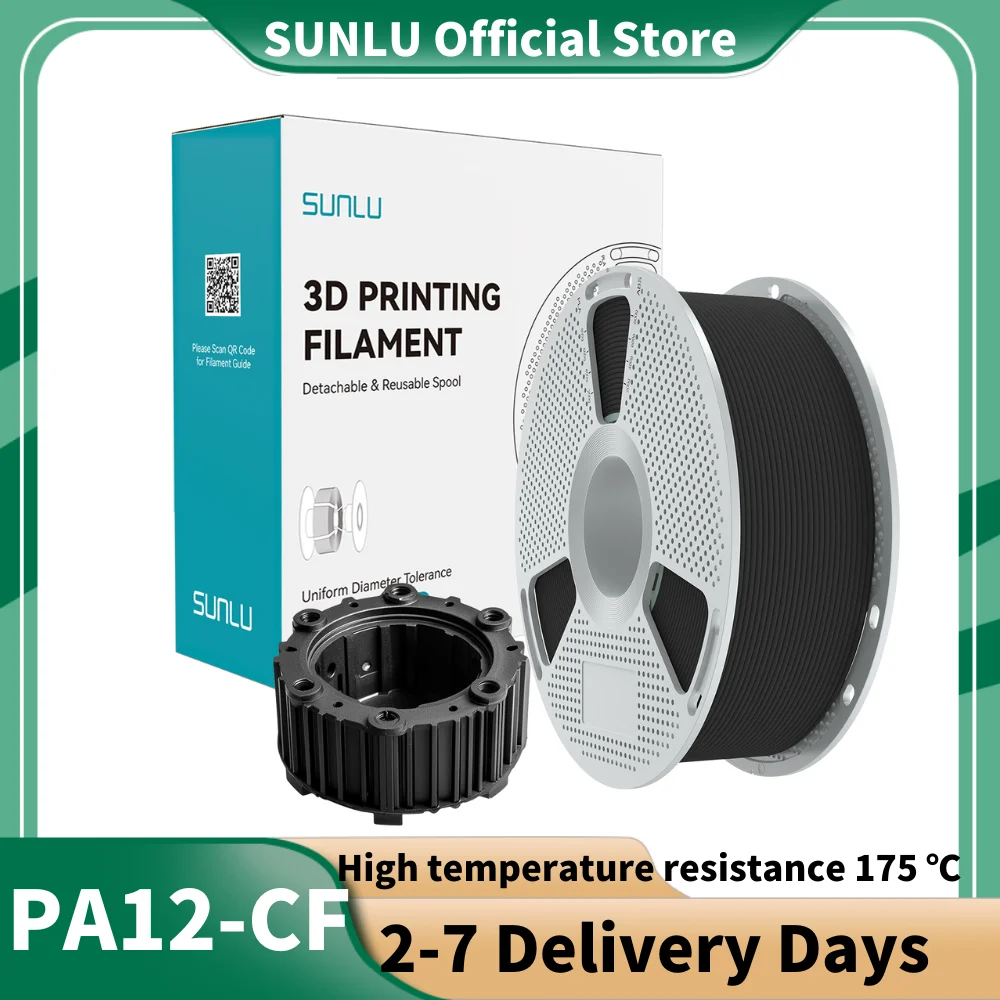 SUNLU PA12-CF 1,75mm 3D-Drucker-Filament 1KG, Kohlefaser-Verstärkt, Hochtemperatur 175 ℃ , stoßfest, ±0,03 mm, 260-280 ℃   393 m/Rolle