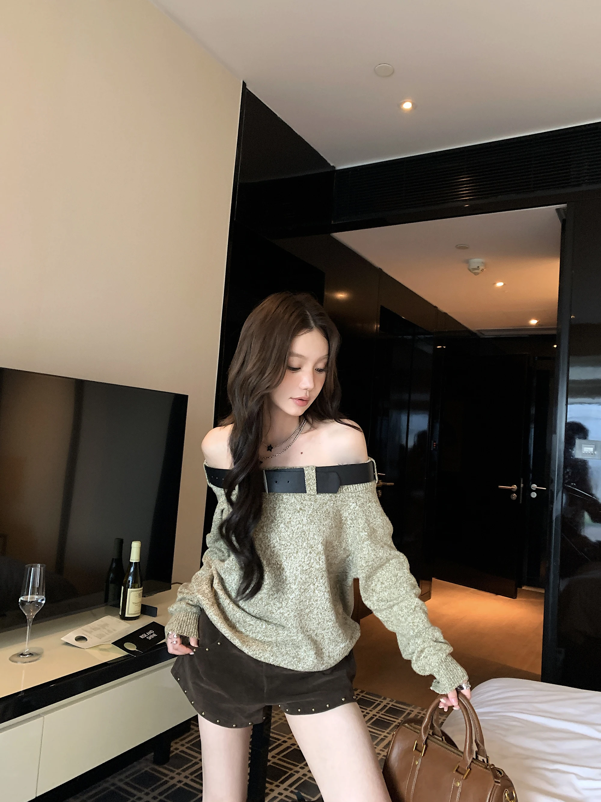 

Вязаный свитер Laid-ba een с поясом, повседневный, на одно плечо, свободного кроя, удобный, из полиэфирного волокна, для женщин