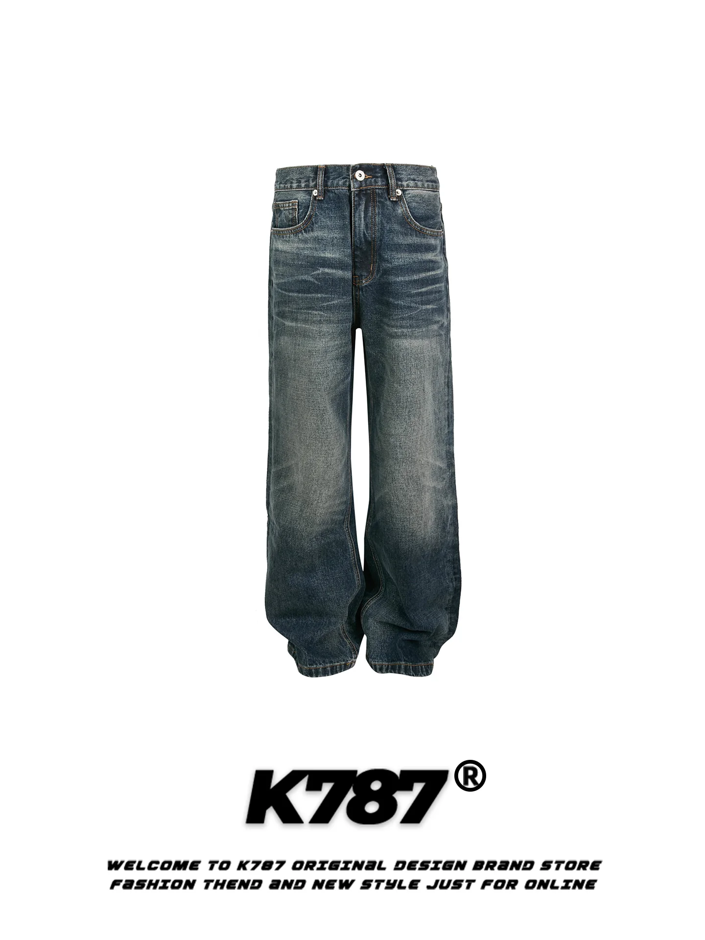 

K787 Vintage Washed American Style Men's Casual Straight Leg Jeans Retro Streetwear Hip Hop Loose Fit High Waist Cotton Blend