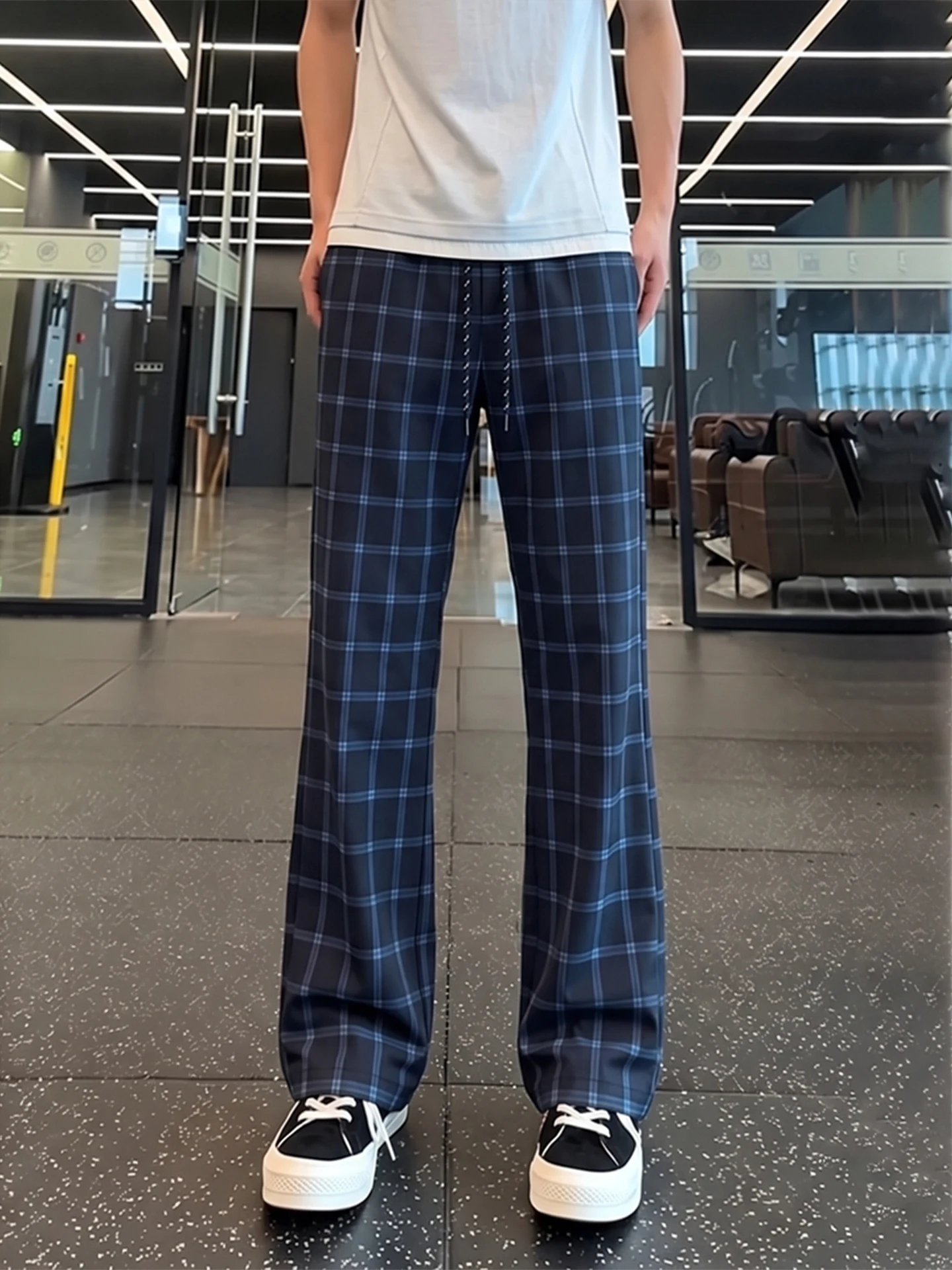 Dark Blue Plaid Men's Casual Pants Summer American Couple Straight Leg Slimming Drapey Casual Pants Knife Straight Tube Pants