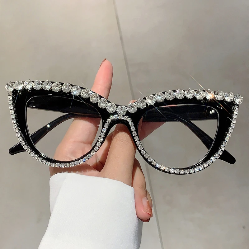 KAMMPT Retro Cat Eye Glasses With Rhinestones for Women 2024 New Stylish Trendy Luxury Brand Designer Oversized Spectacles