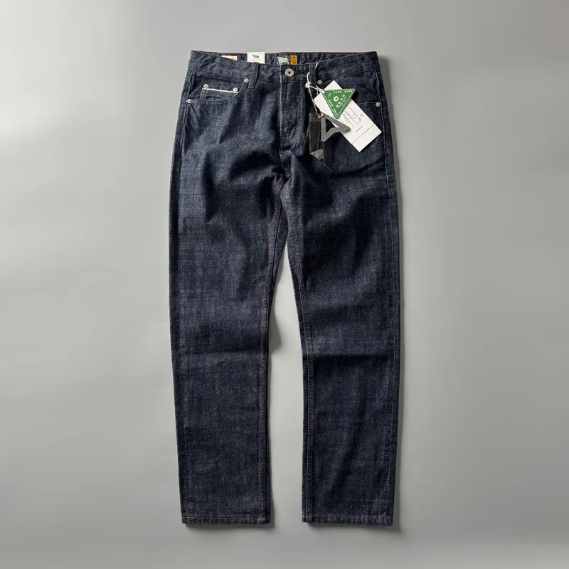 Jeans in denim con cimosa da uomo in cotone 100% per tutte le stagioni - Pantaloni dritti standard grezzi effetto lavato pesante vintage americano
