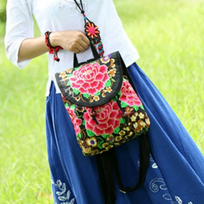 Vintage Artistic Embroidered Women Canvas Backpacks Handmade Floral Embroidery Rucksack Schoolbag Denim Travel Bags Mochila