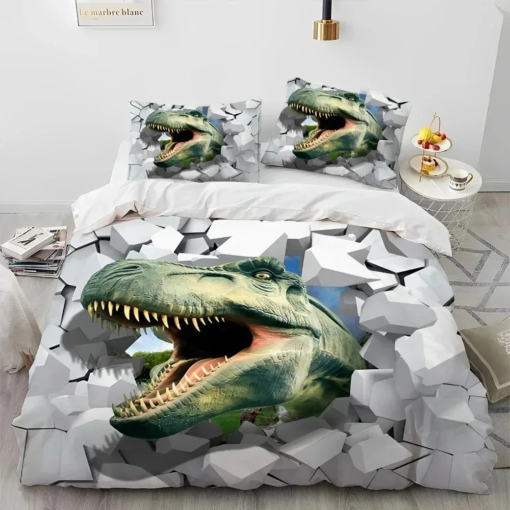 3D Cartoon Dinosaur Illusion Comforter Bedding Set,Duvet Cover Bed Set Quilt Cover Pillowcase,Queen Bedding Set for Boys Gift