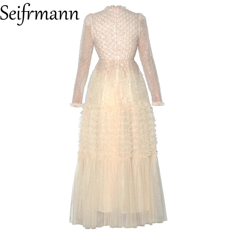 Seifrmann round neck long sleeved sequined nail bead waist cinched mesh princess style long dress 2025 autumn
