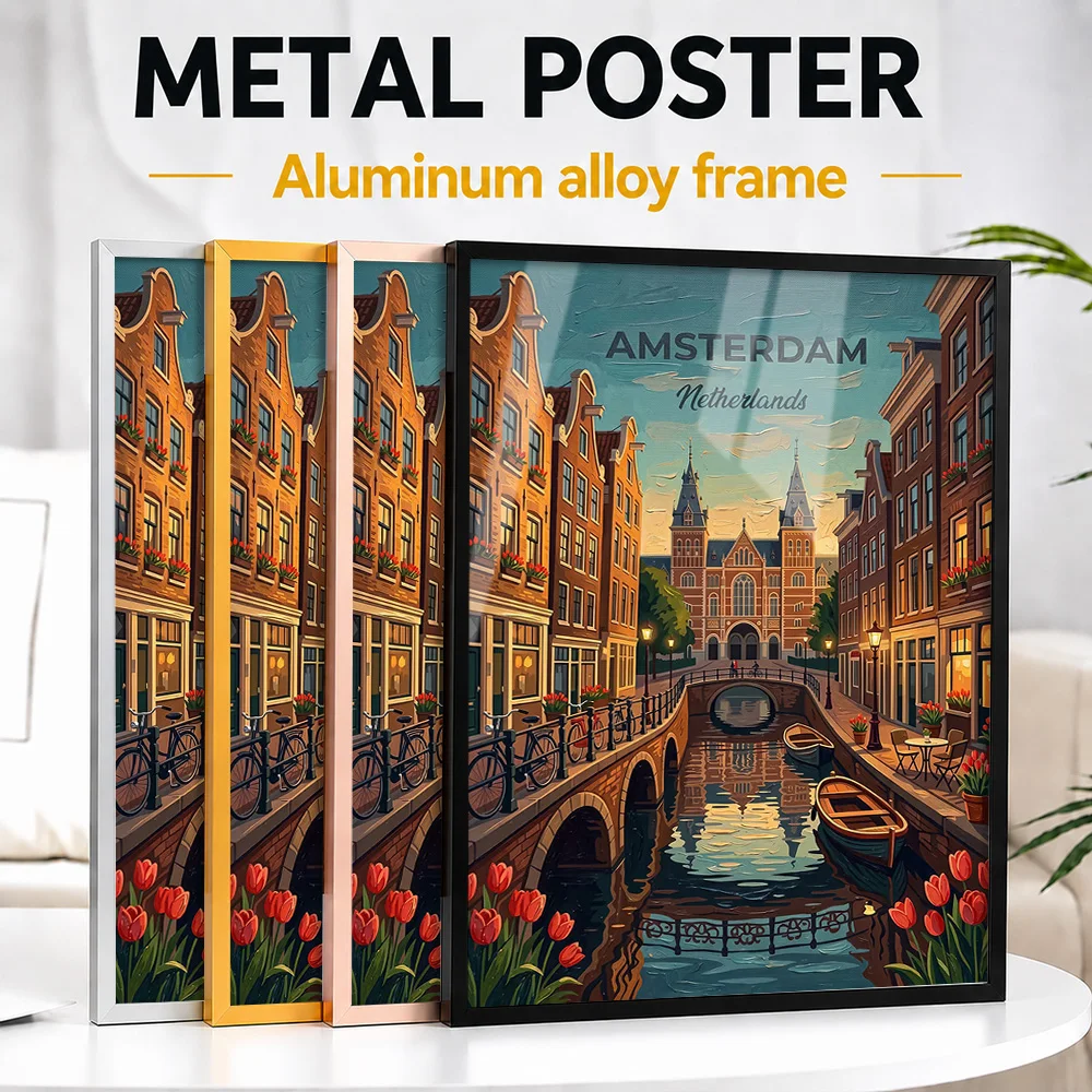 Amsterdam Canal Travel Metal Poster With Aluminum Alloy Frame Customized Vintage Style Wall Art For Living Room And Home Office