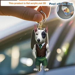 Cartoon Bull Terrier Pendant 2D Keychain Acrylic Flat Charm Dressed Puppy Hanging Decoration for Car Festive Party Gift For Men