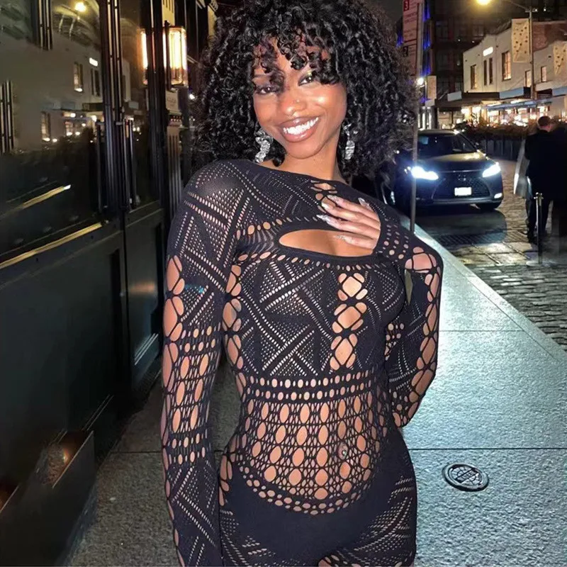 Spifore Black See Through Women Playsuits Long Sleeve O Neck Hollow Out Bodycon Rompers Party Nightclub Sexy Overalls Dropship