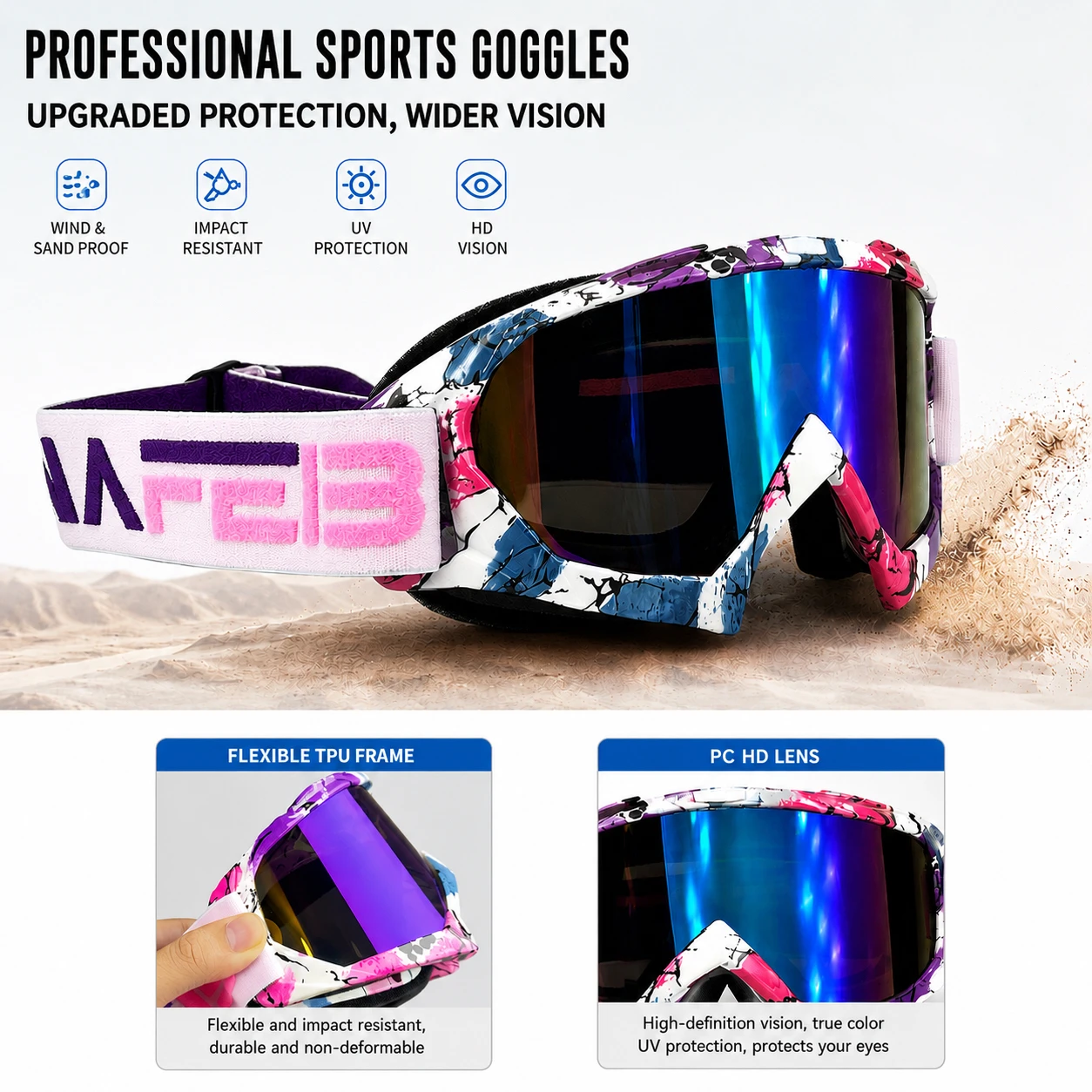 MX ATV Motocross Goggles with HD Lens Windproof Dustproof UV Protection for Off-Road Riding Skiing Cycling Outdoor Sports