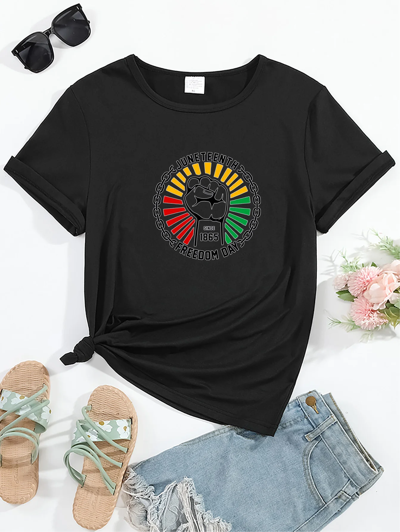 Juneteenth Freedom Day Graphic Crew Neck Sports Tee, Round Neck Short Sleeves Casual T-shirt, Women's Activewear